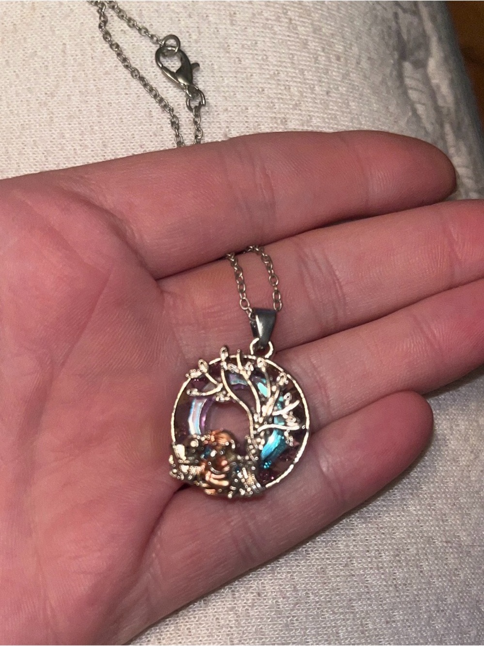 Iridescent Tree of Life Pendant Necklace in Blue and Purple